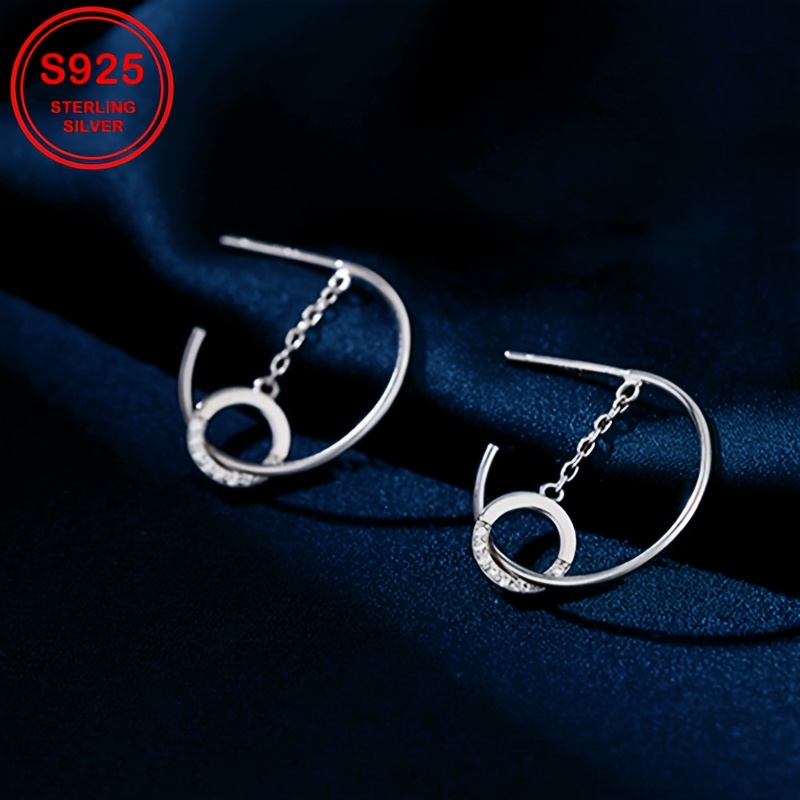 Geometric Hoop Earrings with Synthetic Zirconia Inlay S925 Silvery